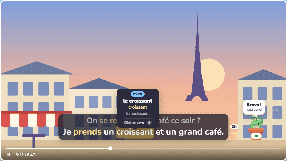 The word croissant flying into the mascot's pot, which cheers Bravo