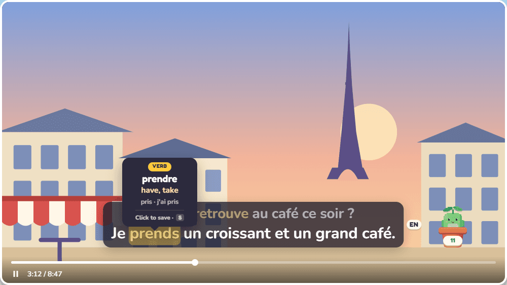 A French subtitle with a card explaining prends: verb, prendre, have, take